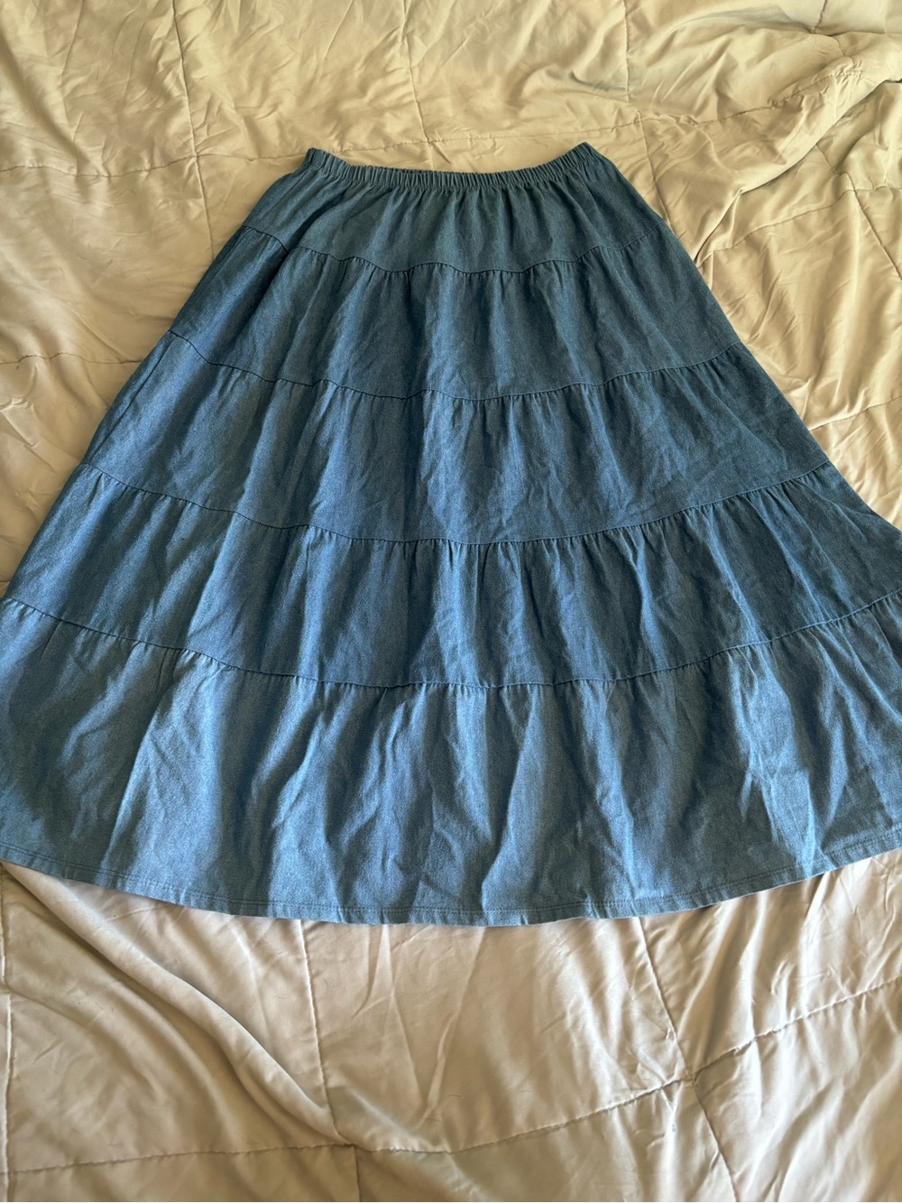 Women’s Blue Tiered A-Line Maxi Skirt - Casual Elastic Waist